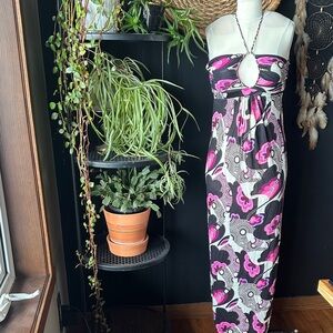 Pink & Black Floral Halter Maxi Dress